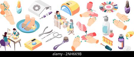 Mains avec ongles peints kit de manucure lampe palette colorée salon de beauté procédures 3D icônes ensemble isométrique isolé illustration vectorielle Illustration de Vecteur
