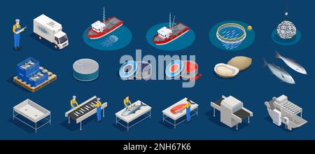 Industrie du poisson production de fruits de mer ensemble isométrique avec icônes isolées des installations de pêche de produits marins et illustration de vecteurs de personnes Illustration de Vecteur