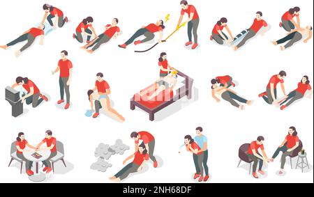 Premiers soins ensemble isométrique d'icônes et de caractères humains fournissant le traitement de premiers soins aux personnes illustration vectorielle Illustration de Vecteur