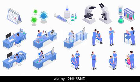 Vaccination ensemble isométrique de matériel médical isolé icônes images des virus calendrier et les médecins de travail caractères illustration vectorielle Illustration de Vecteur