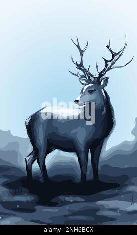 Hiver neige forêt marine cerf avec grands cornes vecteur art illustration. Illustration de Vecteur