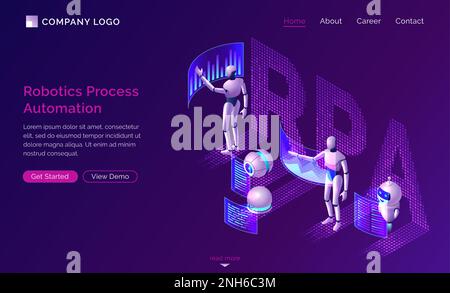 Automatisation de processus robotisé ou vecteur de concept isométrique rpa. Les robots d'intelligence artificielle analysent les données et les diagrammes sur les écrans virtuels de tableau de bord, flux de travail SEO isolé sur violet, bannière d'infographie Illustration de Vecteur