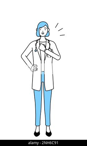 Une femme médecin en manteau blanc tapotant sa poitrine. Banque D'Images