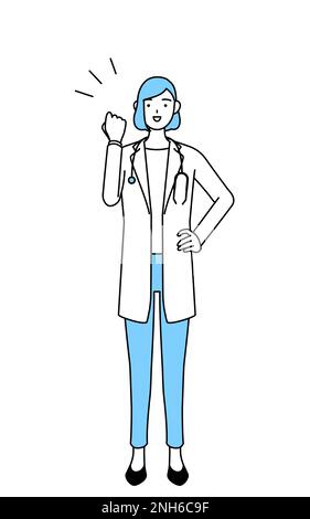 Une femme médecin en manteau blanc posant avec des contres. Banque D'Images