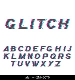 Police Glitch ou abc déformée, illustration vectorielle de type latin tendance. Caractères cassés, effet de distorsion de l'inscription à l'écran, lettres majuscules isolées sur fond blanc Illustration de Vecteur