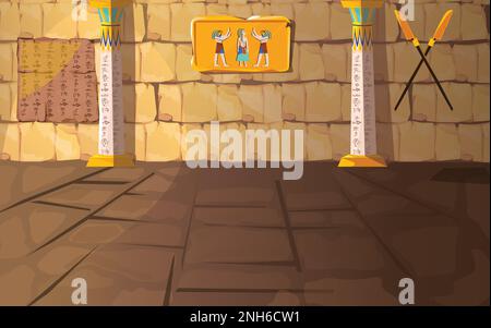 Ancienne Égypte pharaon tombeau ou temple salle dessin animé illustration vectorielle. Intérieur de la pyramide égyptienne avec hiéroglyphes et murale sur les murs de pierre et colonnes blanches avec oranment, arrière-plan pour la conception de jeu Illustration de Vecteur