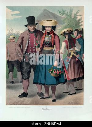 Costume folklorique allemand. Vierlande. lithographie de 19th-siècle. (Vierlande est le nom donné à une région d'environ 77 kilomètres carrés dans le quartier de Bergedorf à Hambourg) Banque D'Images