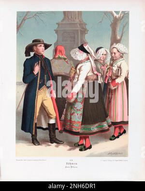 Costume folklorique allemand. Bohême (allemand: Böhmen), quartier Pilsen. lithographie de 19th-siècle. Banque D'Images