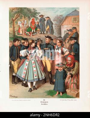 Costume folklorique allemand. Bohême (allemand: Böhmen), quartier Pilsen. lithographie de 19th-siècle. Banque D'Images