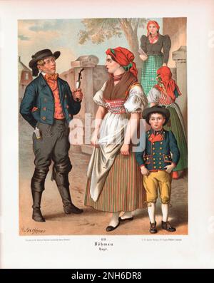 Costume folklorique allemand. Bohême (allemand: Böhmen), Hayd. lithographie de 19th-siècle. Banque D'Images