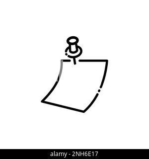 Ligne noire papier de note avec icône de bouton-poussoir épinglé isolée sur fond blanc. Affiche papier mémo. Illustration de Vecteur
