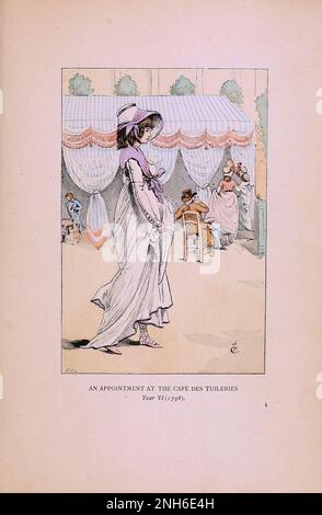 Mode vintage à Paris. Un rendez-vous au café des Tuileries. 1798. Les différentes phases du goût féminin et de l'esthétique de 1797 à 1897 Banque D'Images