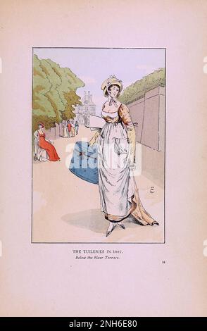 Mode vintage à Paris. Les Tuileries en 1802. Sous la terrasse de la rivière. Les différentes phases du goût féminin et de l'esthétique de 1797 à 1897 Banque D'Images