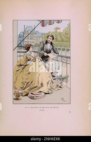 Mode vintage à Paris. Sur un balcon dans la rue de Rivoli, 1864. Les différentes phases du goût féminin et de l'esthétique de 1797 à 1897 Banque D'Images