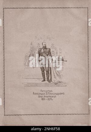 Gravure d'Alexandre III de Russie. 1913 Alexandre III (1845–1894) fut empereur de Russie, roi de Pologne et grand-duc de Finlande du 13 mars 1881 jusqu'à sa mort en 1894. Il était hautement réactionnaire et renversa certaines des réformes libérales de son père, Alexandre II Cette politique est connue en Russie sous le nom de "contre-réformes" (russe: контрреформы). Sous l'influence de Konstantin Pobedonostsev (1827-1907), il s'opposa à toute réforme qui limitait son régime autocratique. Pendant son règne, la Russie ne livra pas de guerres majeures; il fut donc appelé 'le faiseur de paix'. Il a contribué à forger l'Alliance russo-française. Banque D'Images