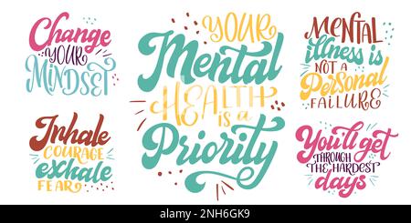 Ensemble de citations de santé mentale dans le style de lettrage dessiné à la main. Affiche typographique positive avec texte d'inspiration. Illustration vectorielle pour les tirages, les bannières Illustration de Vecteur