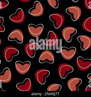Motif sans coutures avec coeurs. Coeurs rouges et roses et contours blancs sur fond noir Banque D'Images