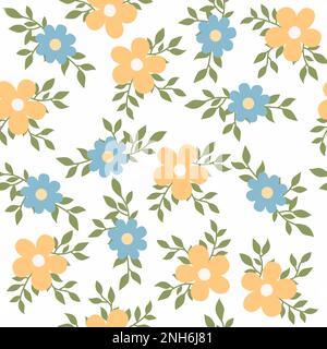 Fleurs bleues et jaunes avec feuilles sur fond blanc. Motif fleuri simple sans coutures. Arrière-plan romantique. Illustration raster dessinée à la main. Banque D'Images