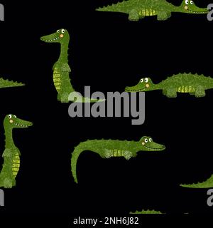 Motif crocodile sans couture sur fond noir. Animaux sauvages texturés dessinés à la main. Ensemble d'alligators amusants pour les vêtements pour enfants ou l'emballage Banque D'Images