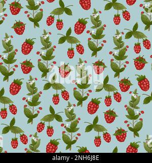 Motif framboise sans couture sur fond vert clair. Baie rouge isolée texturée avec feuilles et tiges vertes. Bouquet de plantes sauvages mignonnes. Illustration moderne Banque D'Images