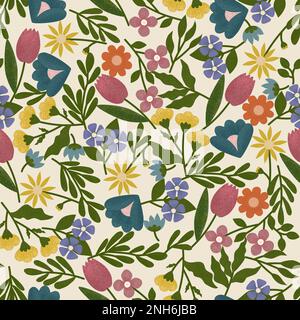 Bouquet de fleurs colorées qui se chevauchent.motif fleuri tendance sans couture avec fleurs sauvages et de jardin texturées, feuilles et branches. Arrière-plan tramé Banque D'Images