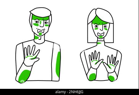 Homme et femme avec émotion de dégoût, réaction antipathie, se couvrir avec les mains. Esquissez une mise en plan de ligne de style avec des points verts. Illustration de Vecteur