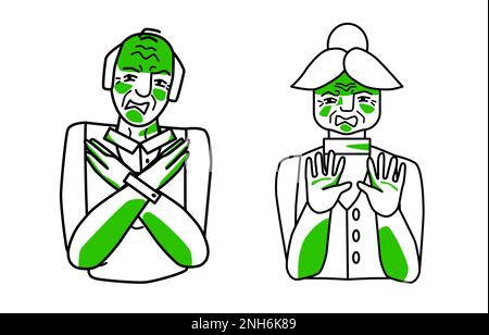 Homme et femme vieux avec réaction de dégoût, grand-père et grand-mère se couvrent avec les mains. Esquissez une mise en plan de ligne de style avec des points verts. Illustration de Vecteur