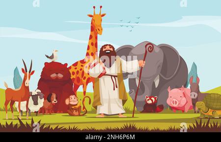 Noah entouré d'un groupe d'animaux sauvages rassemblés pour s'échapper de l'inondation plane fond coloré dessin animé illustration vecteur Illustration de Vecteur