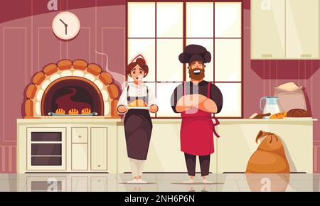 Fond horizontal Baker avec des personnages de dessins animés masculins et féminins présentant des produits faits avec leurs propres mains illustration vectorielle plate Illustration de Vecteur