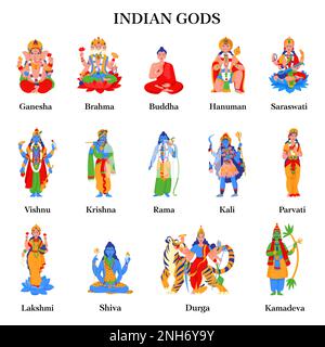 Les anciens dieux hindous indiens colorent l'icône isolée avec ganesha brahma bouddha hanuman saraswati vishnu krishna rama kali parvati lakshmi shiva durga an Illustration de Vecteur