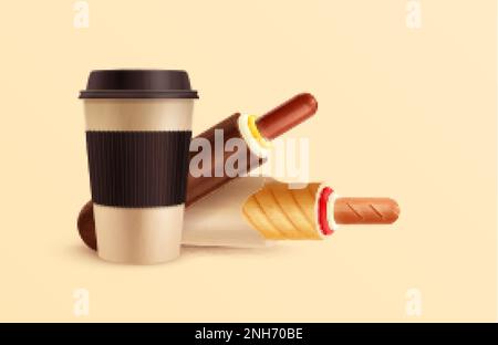 Composition réaliste de hot dogs français avec jeu de hot dogs blancs et bruns avec illustration vectorielle de tasse à emporter de café Illustration de Vecteur