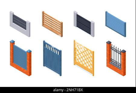 Ensemble isométrique de portes de maison privée et blocs de clôture illustration vectorielle isolée Illustration de Vecteur