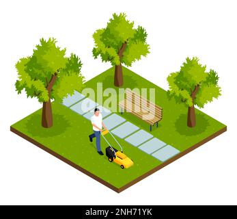 Concept de tondeuse à gazon isométrique avec homme coupant de l'herbe dans l'illustration vectorielle de parc public Illustration de Vecteur