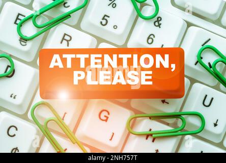 Attention, attention, attention. Mot écrit en cours pour attirer quand il ya quelque chose à annoncer Banque D'Images