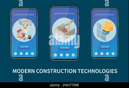 Technologies de construction modernes composition isométrique avec trois pages d'arrivée sur les écrans de smartphone illustration vectorielle Illustration de Vecteur