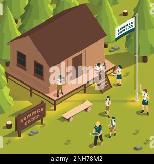 Paysage isométrique de camp d'été pour enfants avec garçons et filles scouts faisant diverses activités près de maison en bois 3D illustration vectorielle Illustration de Vecteur