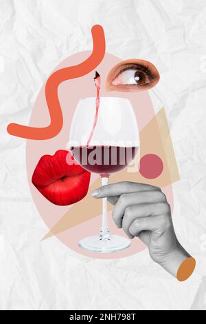 Collage art photo de femme yeux rouges bouted lèvres flirty boire alcool wineglass naturel savoureux sauvignon isolé sur fond blanc peint Banque D'Images