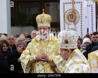 Chortkiv - Ternopil - Ukraine - 4 février 2023. Le chef de l'UGCC, sa Béatitude le Patriarche Sviatoslav, a visité la cathédrale de Chortko Banque D'Images