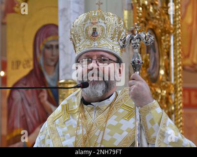 Chortkiv - Ternopil - Ukraine - 4 février 2023. Le chef de l'UGCC, sa Béatitude le Patriarche Sviatoslav, a visité la cathédrale de Chortko Banque D'Images