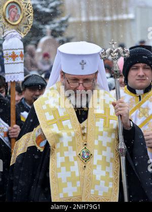 Chortkiv - Ternopil - Ukraine - 4 février 2023. Le chef de l'UGCC, sa Béatitude le Patriarche Sviatoslav, a visité la cathédrale de Chortko Banque D'Images