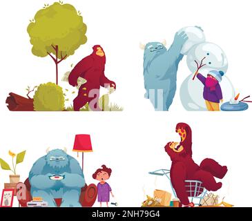 Compositions de bigfoot de dessin animé avec yeti mangeant des restes de marche avec le journal jouant le jeu vidéo et faisant bonhomme de neige avec enfant isolé vecteur illu Illustration de Vecteur