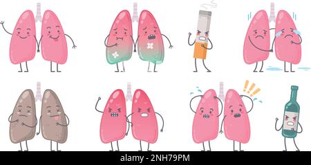 Personnages d'organes humains ensemble de dessins animés avec des images isolées de poumons humains avec bouteille d'alcool et illustration de vecteur de cigarette Illustration de Vecteur