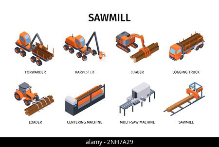 Illustration vectorielle isolée du jeu de scieries isométriques avec chargeur de récolteuse et transitaire Illustration de Vecteur