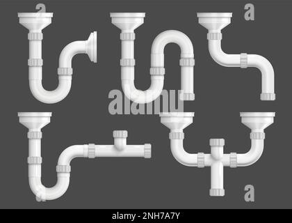 Tuyaux d'évacuation en plastique blanc et siphons d'évier pour eaux usées ensemble réaliste sur fond noir illustration de vecteur isolé Illustration de Vecteur