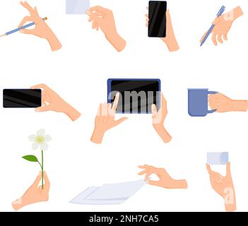 Mains humaines gestes jeu plat avec des icônes isolées des mains humaines fléchissant les doigts tenant différents objets illustration vectorielle Illustration de Vecteur