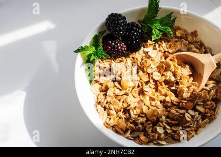 Mûre avec feuilles de menthe, dans une assiette avec granola avec lait, sur fond blanc avec ombres dures. Mise au point sélective. Copier l'espace Banque D'Images