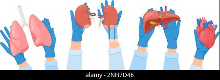 Transplantation d'organes humains jeu plat de compositions avec des mains humaines dans des gants médicaux tenant des organes internes illustration vectorielle Illustration de Vecteur