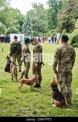 Gardes-frontières ukrainiens avec chiens de service. Formation du chien de travail à l'extérieur. Banque D'Images