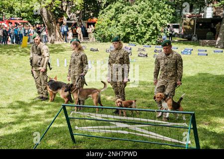 Gardes-frontières ukrainiens avec chiens de service. Formation du chien de travail à l'extérieur. Banque D'Images