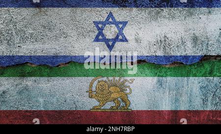 Drapeau israélien et iranien sur fond de mur fissuré. Économie, politique conflits, concept de guerre contexte de texture Banque D'Images